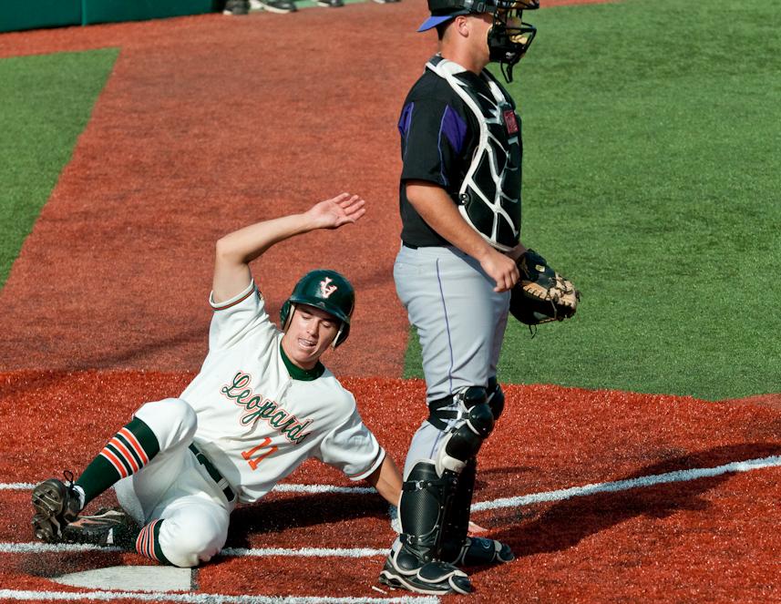 Jacob Ludvik scores during the Leopards' regional win over Concordia (courtesy Joel Ray, Linfield College)