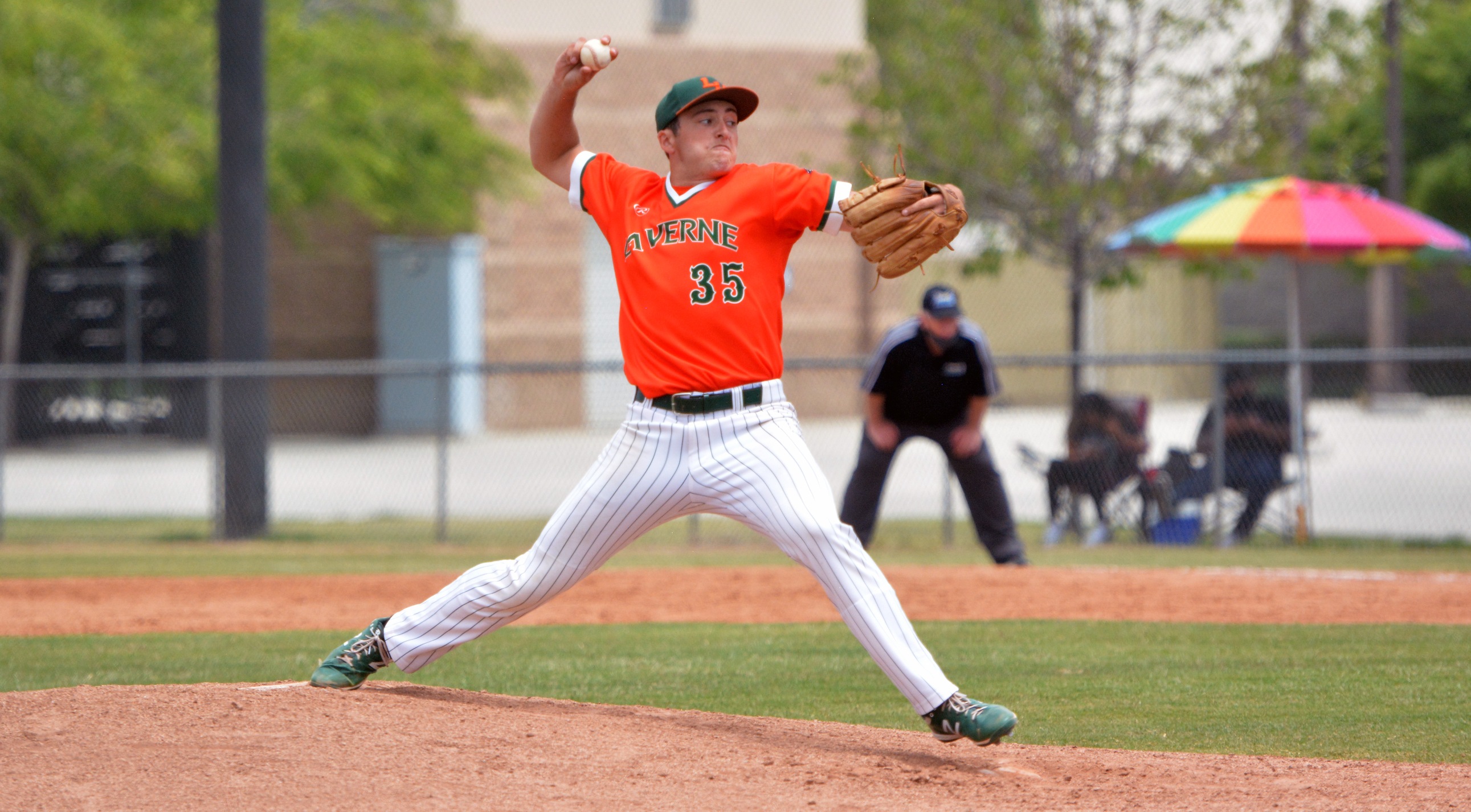 Gerald Terry deals as the Leopards beat Redlands 14-8 in the opening game of their doubleheader.
