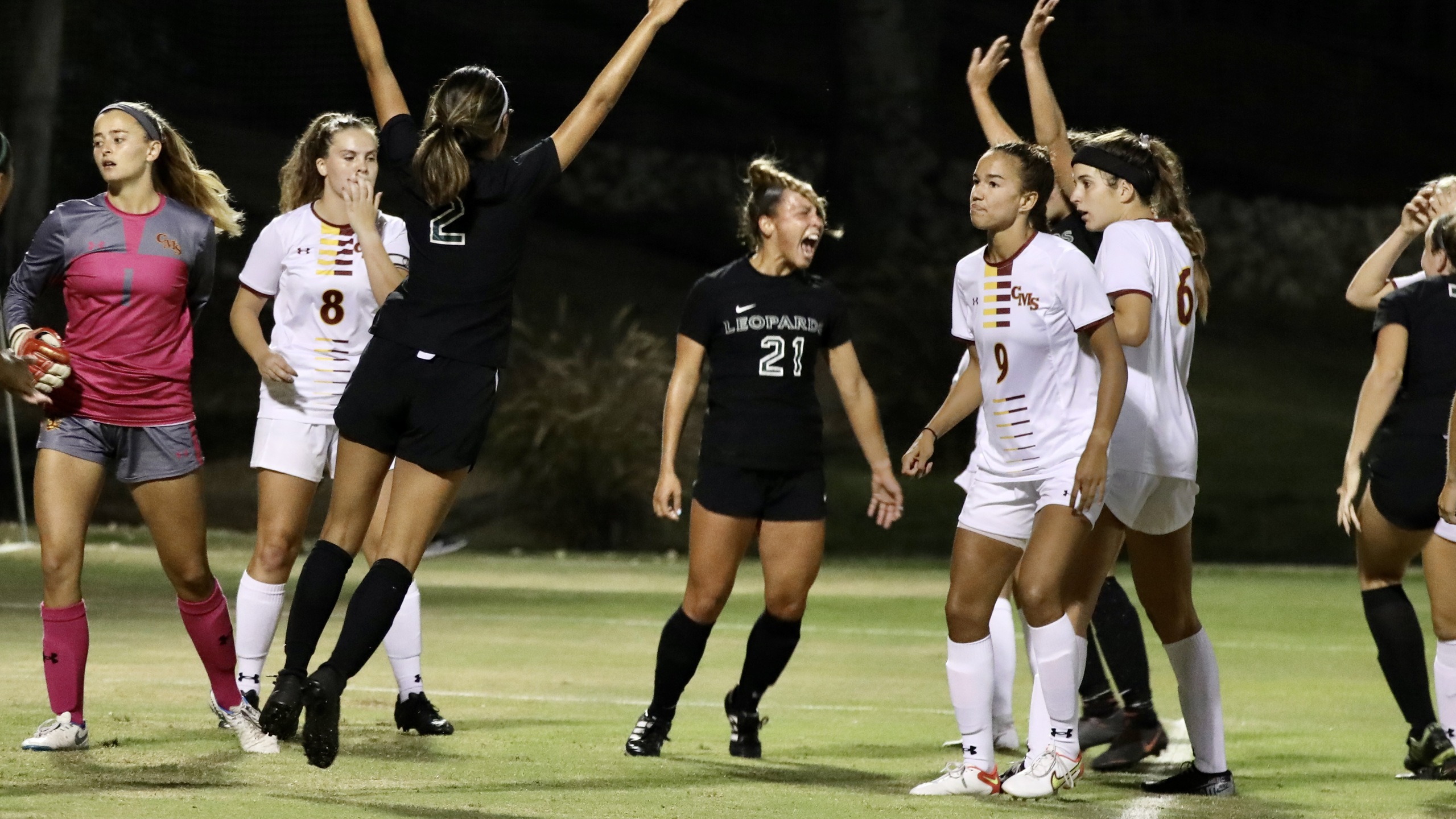 Reagan Appleby celebrates after scoring one of her two goals in a 2-0 win over CMS.